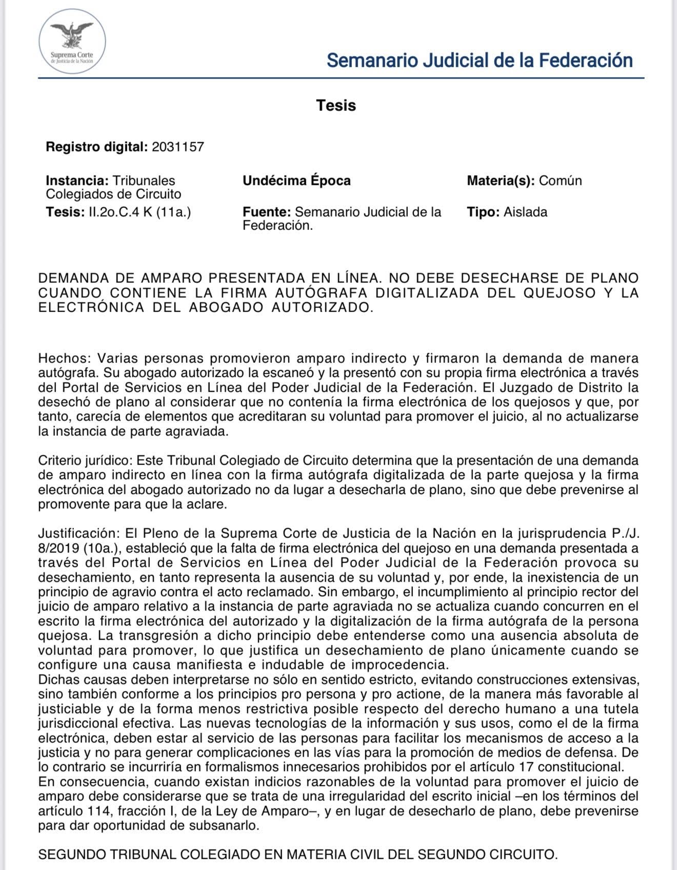 Hoy se publicaron en el Semanario Judicial de la Federación los últimos criterios de la Undécima Época, en los que tuve el honor de participar como magistrado ponente. Gran integración de magistrados y grandes personas secretarias que colaboraron conmigo para construir en equipo. 
Despedimos esta etapa con una integración sólida y con resoluciones que abordan temas trascendentes como:
Tasas de interés en contratos bancarios.
Contratos de suministro eléctrico y la CFE.
Reglas en amparo: desistimiento, separación de juicios y demandas en línea.
Nulidad de diligencias defectuosas.
Cierro esta época con la convicción de que cada criterio fortalece la certeza jurídica y aporta a la ciudadanía, no solo a la abogacía. 
#PJF #SJF #tesis #UndécimaÉpoca #JusticiaAbierta