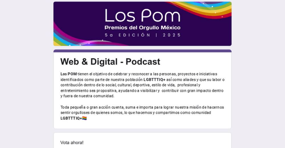 Hola a todas las personas! Gracias a su apoyo estamos en la final de los premios Los POM en la categoría Podcast con #RutadeCambio. 
Te invito a apoyar el proyecto con un voto paga la final en el siguiente formulario: