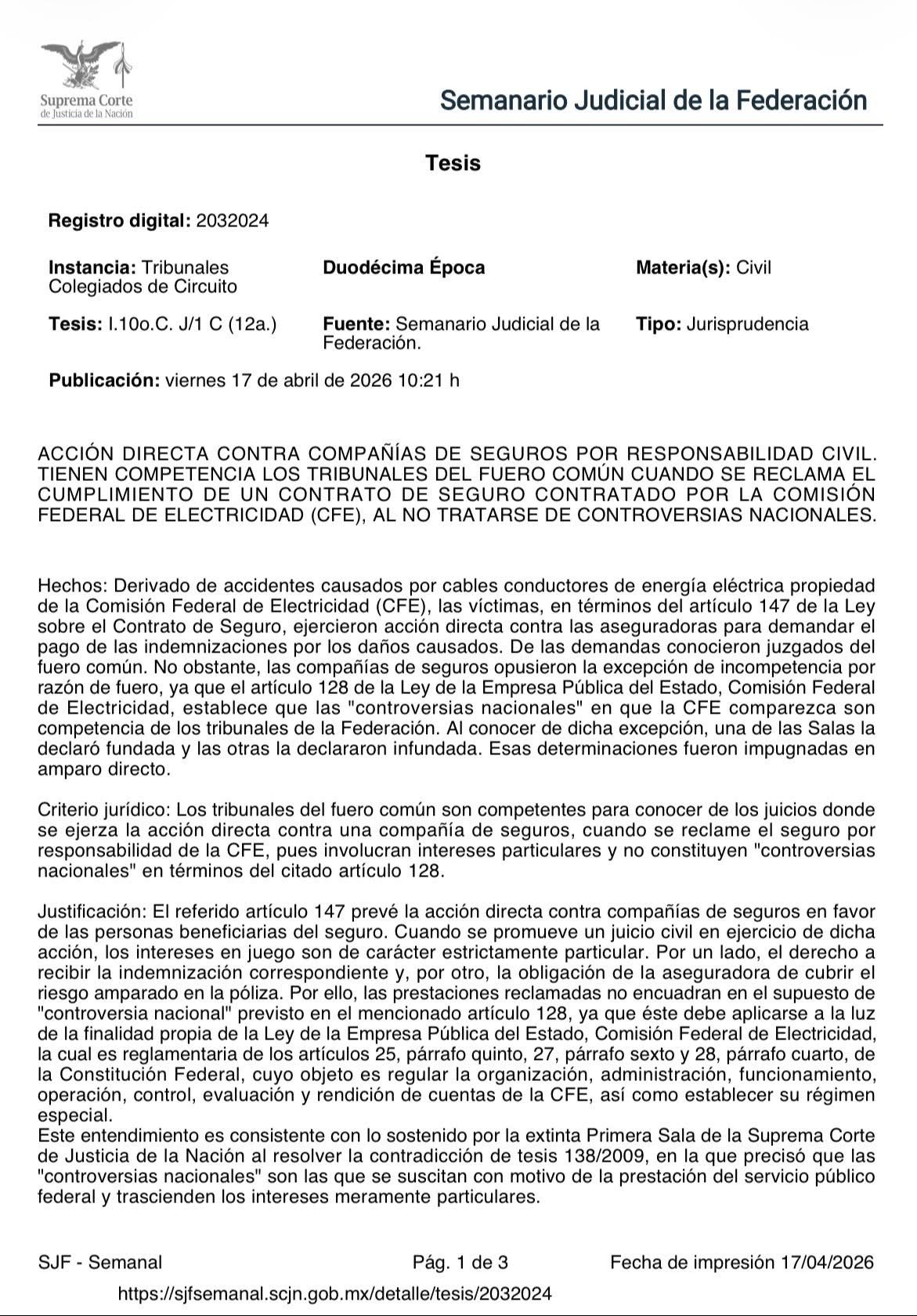 Hoy se publica #jurisprudencia de este Décimo Tribunal Civil en el #SJF.  Acción contra aseguradoras por responsabilidad de la CFE corresponde al fuero común, al tratarse de intereses particulares. Consulta la jurisprudencia completa: