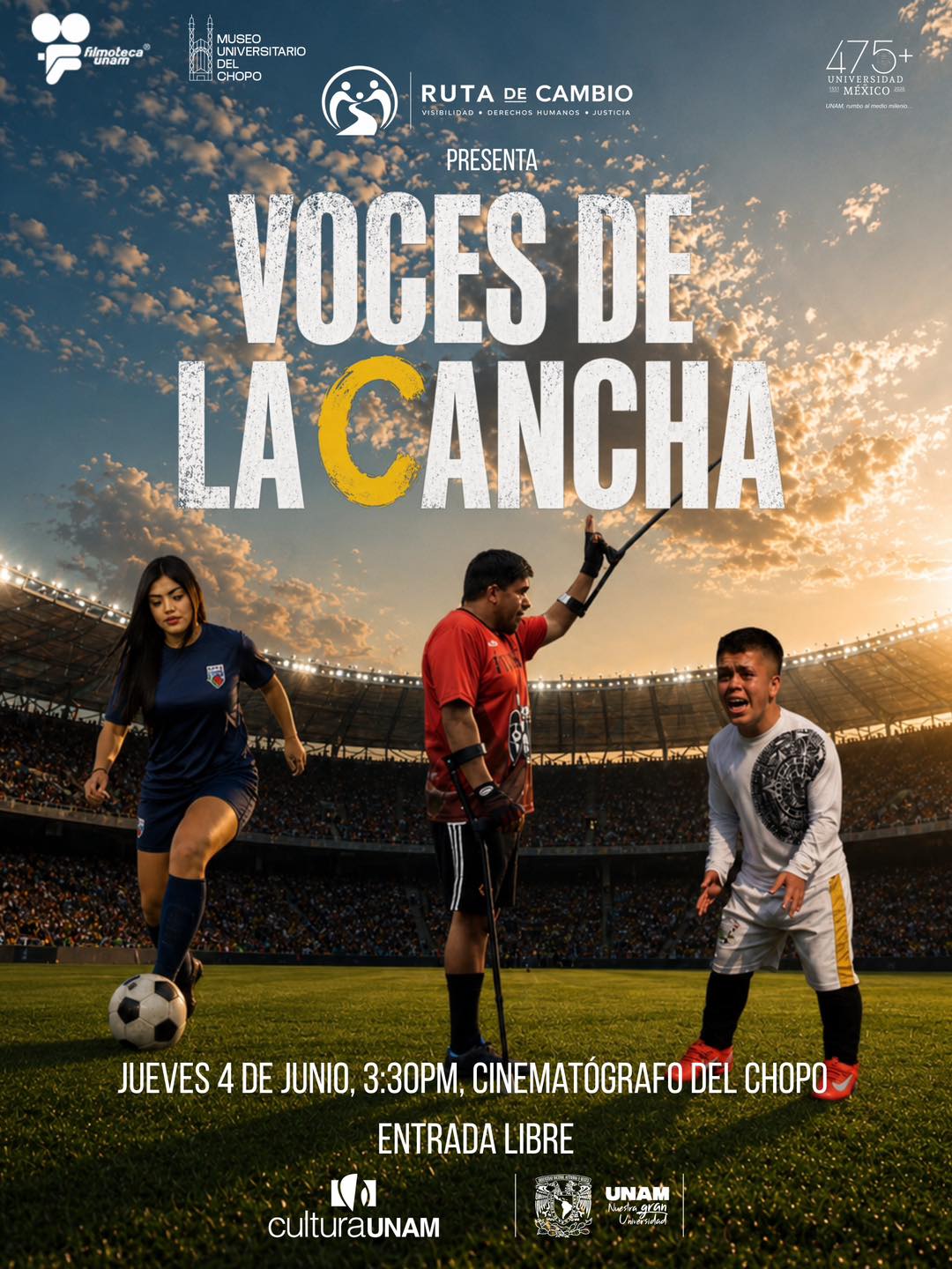 Ven al estreno de ‘Voces de la cancha’, un documental que reúne historias de resistencia, identidad y comunidad.
Jueves 4 de junio con presencia del director, Magistrado Juan Jaime González Varas.
Cinematógrafo del Chopo | #EntradaLibre